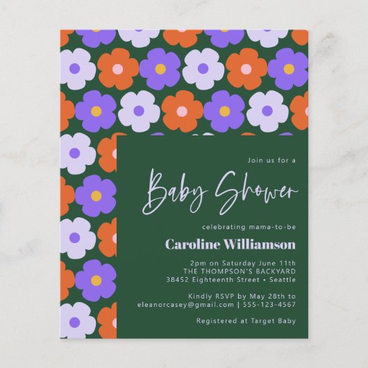Budget Cute Retro Flower Paars Green Baby shower (Voorkant)