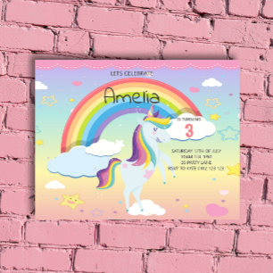 BUDGET Cute Unicorn Rainbow Girls Uitnodiging