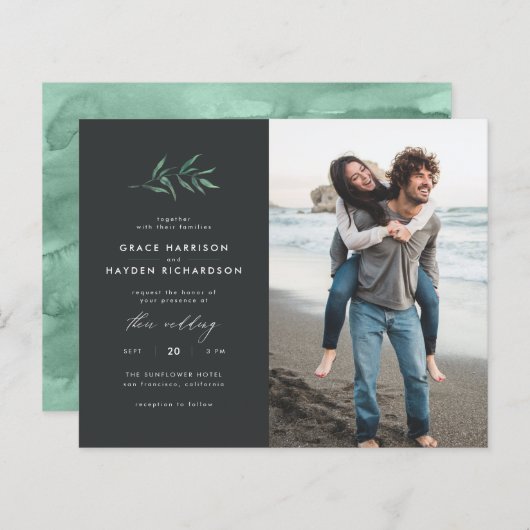 Budget Dark Green Branch Wedding Fotouitnodiging (Voorkant / Achterkant)