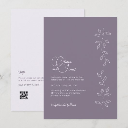 BUDGET Dark Violet bruiloft uitnodiging met QR-cod (Voorkant / Achterkant)