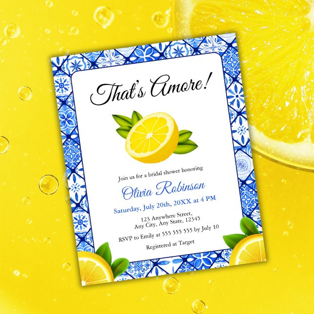 Budget Dat is een meer citroen bruids douche uitno (Budget That's Amore | Mediterranean Blue Tile Lemon Bridal Shower Invitation )