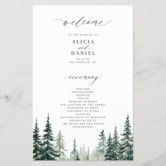 Budget dennenbos bestemming bruiloft programma flyer (Voorkant)