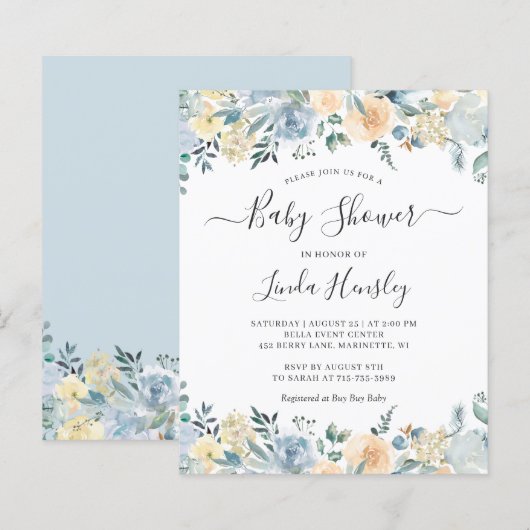 Budget Deusty Blue Floral Baby shower Invitation (Voorkant / Achterkant)