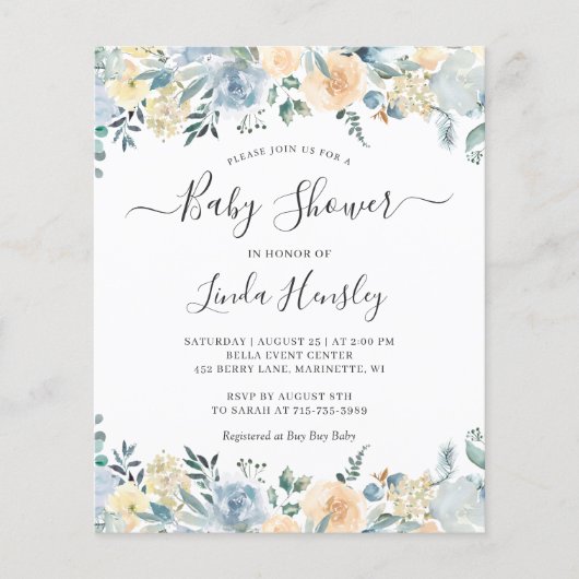 Budget Deusty Blue Floral Baby shower Invitation (Voorkant)
