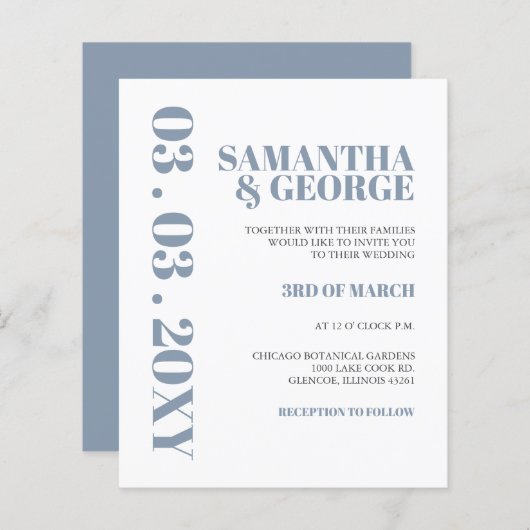 Budget Deusty Blue Modern Wedding Invitation (Voorkant / Achterkant)