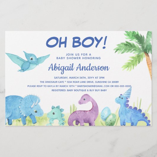 BUDGET Dinosaur Oh Boy Baby shower Uitnodiging (Voorkant)