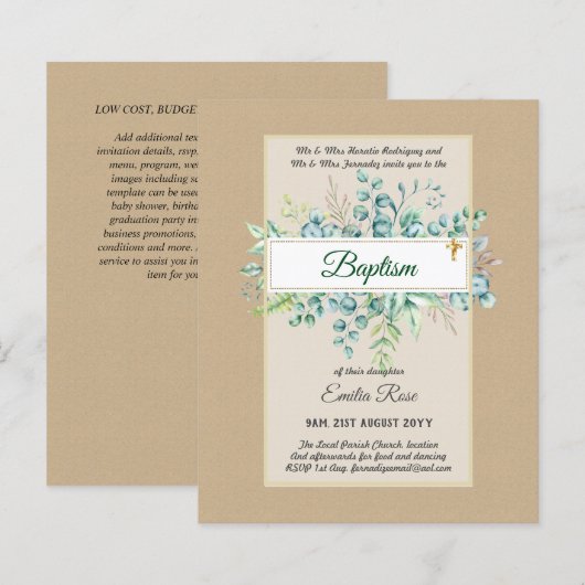 Budget DOOP Christening Groene Bladeren Uitnodigin (Voorkant / Achterkant)