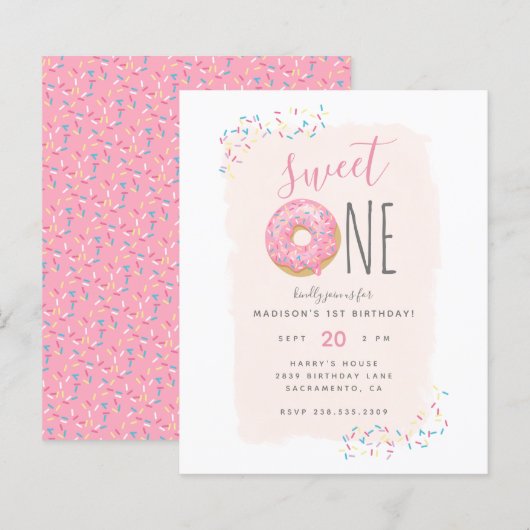 Budget Doughnut Sprinkle Blush Sweet 1st Birthday (Voorkant / Achterkant)