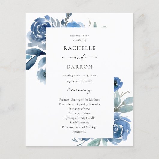 Budget Dusty Blue & Blue Floral Wedding Ceremony Flyer (Voorkant)