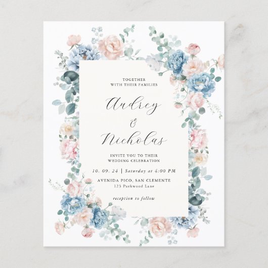 Budget Dusty Blue en Peach Elegant Bloemen Huwelij (Voorkant)