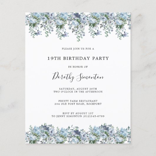 Budget Dusty Blue Floral 19e Verjaardag uitnodigin (Voorkant)