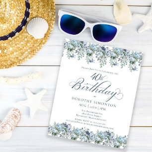 Budget Dusty Blue Floral 40e Verjaardag uitnodigin