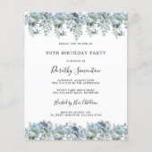 Budget Dusty Blue Floral 80e Verjaardag uitnodigin (Voorkant)