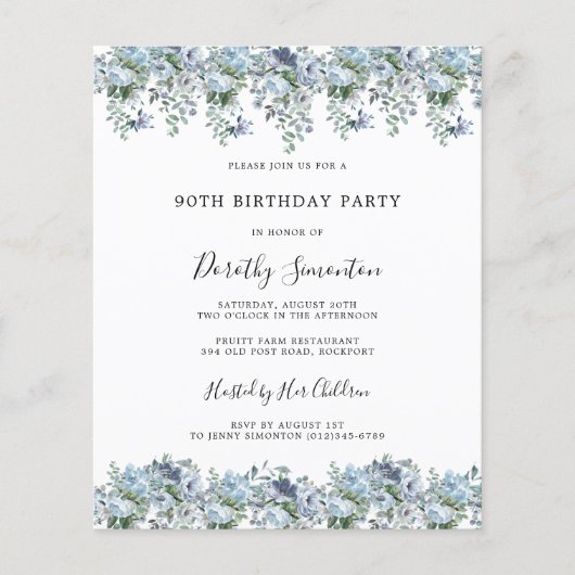 Budget Dusty Blue Floral 90e Verjaardag uitnodigin (Voorkant)