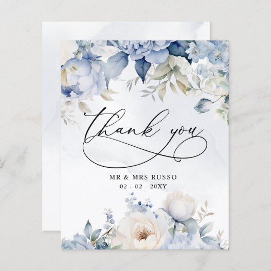 Budget Dusty Blue Floral Mariage Carte de remercie (Devant / Derrière)