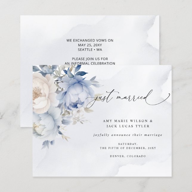 Budget Dusty Blue Floral Wedding Aankondiging (Voorkant / Achterkant)