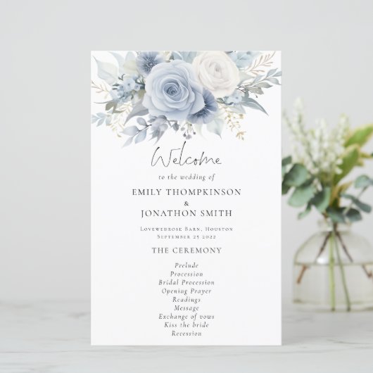 Budget Dusty Blue Florals Programme de mariage (Debout devant)