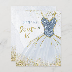 Budget Dusty Blue Gold Dress Sweet 16 Uitnodiging