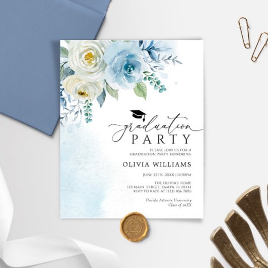 Budget Dusty Blue Graduation Party Uitnodiging