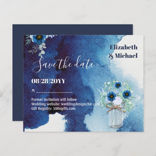 BUDGET Dusty Blue Save Dates Monochromatic Wedding (Voorkant / Achterkant)