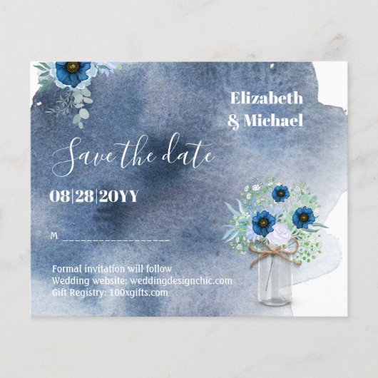 BUDGET Dusty Blue Save Dates Monochromatic Wedding (Voorkant)