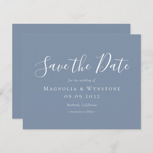 BUDGET Dusty Blue Weddenschap Save the Date (Voorkant / Achterkant)