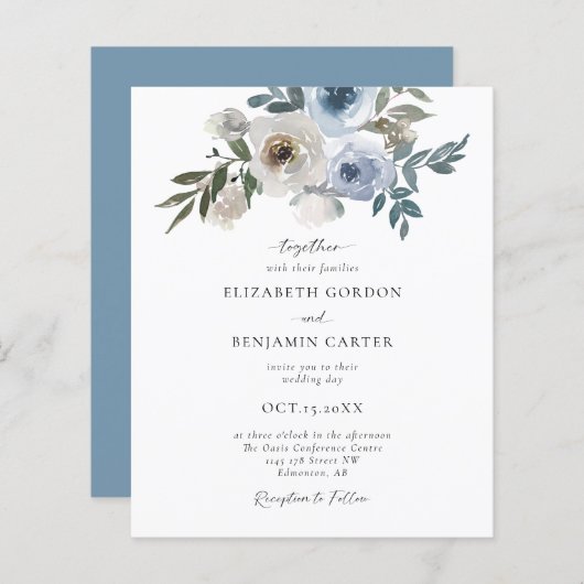 Budget Dusty Blue Wedding Floral Elegant Script (Voorkant / Achterkant)