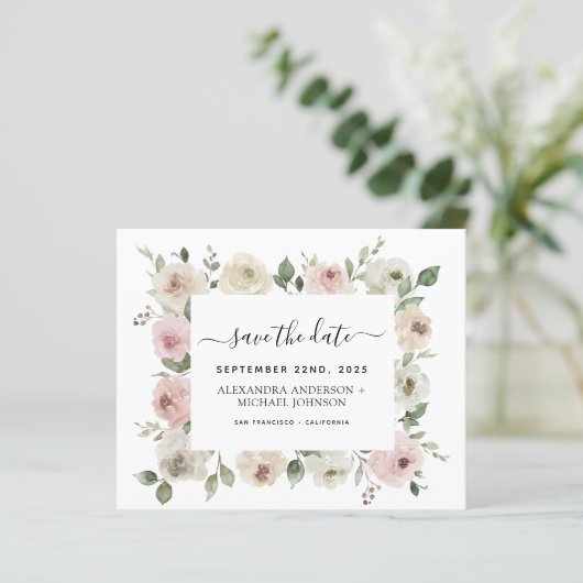 Budget Dusty Pink Floral Greenery Save the Date (Staand voorkant)