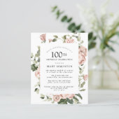 Budget Dusty Pink Rose 100th Birthday Party Invite (Staand voorkant)