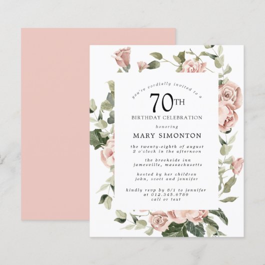 Budget Dusty Pink Rose 70th Birthday Party Invite (Voorkant / Achterkant)