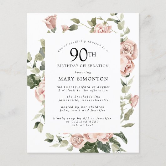 Budget Dusty Pink Rose 90th Birthday Party Invite (Voorkant)