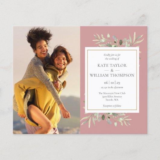 Budget Dusty Roos Greenery Foto Wedding Invite (Voorkant)