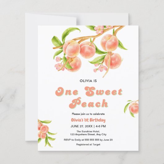 Budget Een Zoete Perzik Fruit 1e Verjaardag Uitnod (Voorkant)