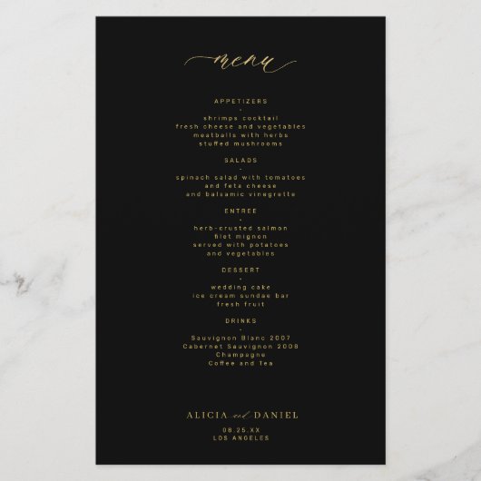 Budget eenvoudig gouden script zwart bruiloft menu (Voorkant)