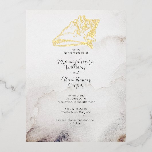 Budget Eenvoudig Schelp Zandstrand Folie Uitnodiging Briefkaart (Voorkant)