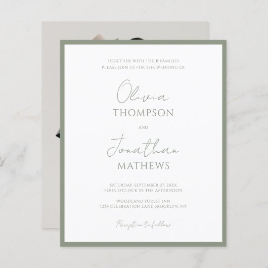 BUDGET Eenvoudige Sage Green Script Fotobruiloft (Voorkant / Achterkant)