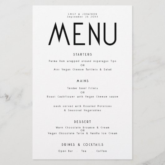 Budget Eenvoudige tekst Elke kleur bruiloft menu (Voorkant)