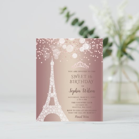 Budget Eiffel Tower Roos Gold Sweet 16 Uitnodiging (Staand voorkant)