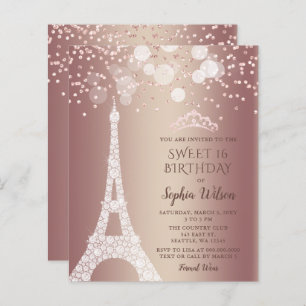 Budget Eiffel Tower Roos Gold Sweet 16 Uitnodiging