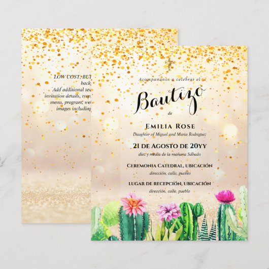 Budget EL BAUTIZO Baptism Christening CACTI Uitnod (Voorkant / Achterkant)