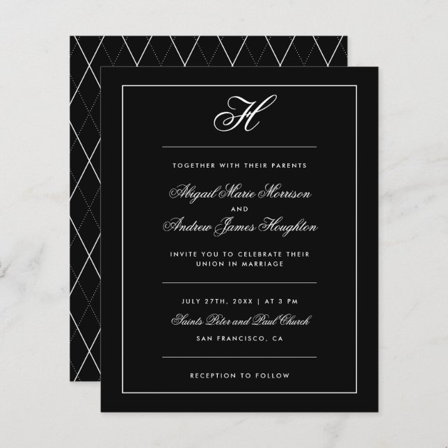 Budget Elegant Black White Monogram Script Weddens (Voorkant / Achterkant)