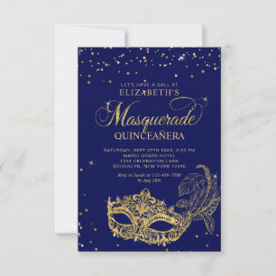 BUDGET Elegant Blauw Goud Masquerade Quinceañera Notitiekaartje