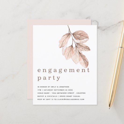 Budget Elegant Blush Leaf Engagement Party nodigt (Voorkant / Achterkant in situ)