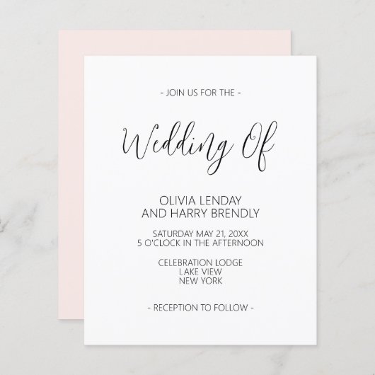 Budget Elegant Blush Pink White Wedding Invitation (Voorkant / Achterkant)