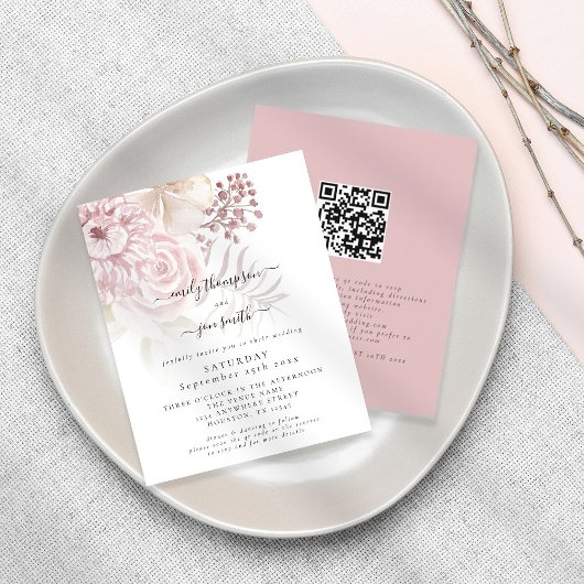 Budget Elegant Florals QR Code Weduwen Uitnodiging