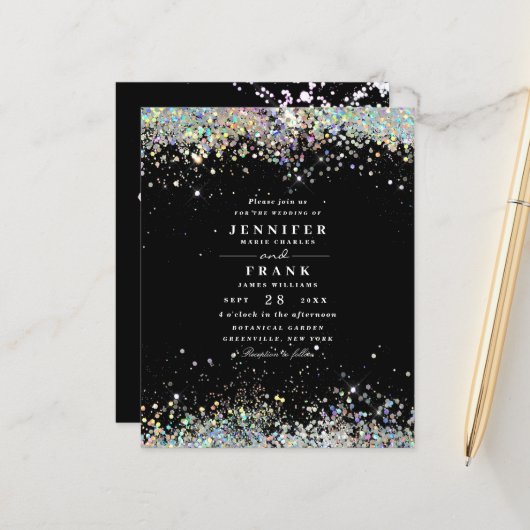 Budget Elegant Glitter Black Wedding Uitnodiging (Voorkant / Achterkant in situ)