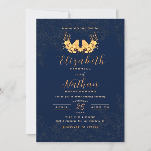 Budget Elegant Gold Birds Navy blue Wedding Invite Bedankkaart (Voorkant)