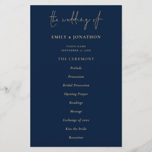 Budget Elegant Gold Marine Blue Wedding Programme (Devant)