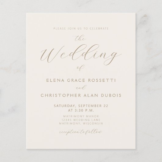Budget Elegant Gold Script Ivory Wedding Invite (Voorkant)