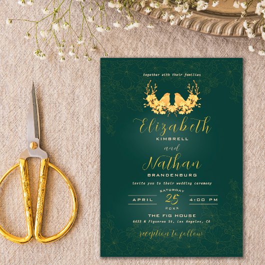 Budget Elegant Green Gold Birds Invitation de mari